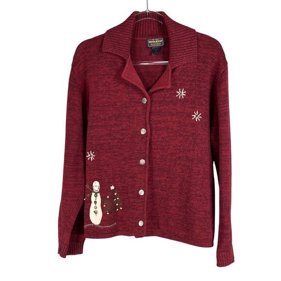 Woolrich Women XL Red Snowman Embroidered Button Cardigan Christmas Tree Sweater - Picture 4 of 16